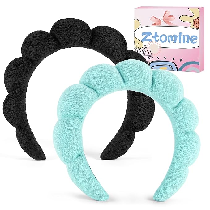 Ztomine Spa Headbands for Washing Face or Facial, Set of 2 Skincare Headbands, Terry Cloth Headband Wash Combo Pack - Puffy Makeup Washing, Mask, Skin Treatment (Black & Turquoise)