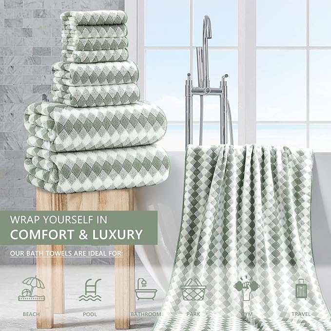 8 Piece Bathroom Towel Set Green |2 Oversized Large Bath Towels Sheet,2 Hand Towels and 4 Washcloths| 600GSM Ultra Soft Luxury Premium Towel Set Highly Absorbent Quick Dry Hotel Towel Collection
