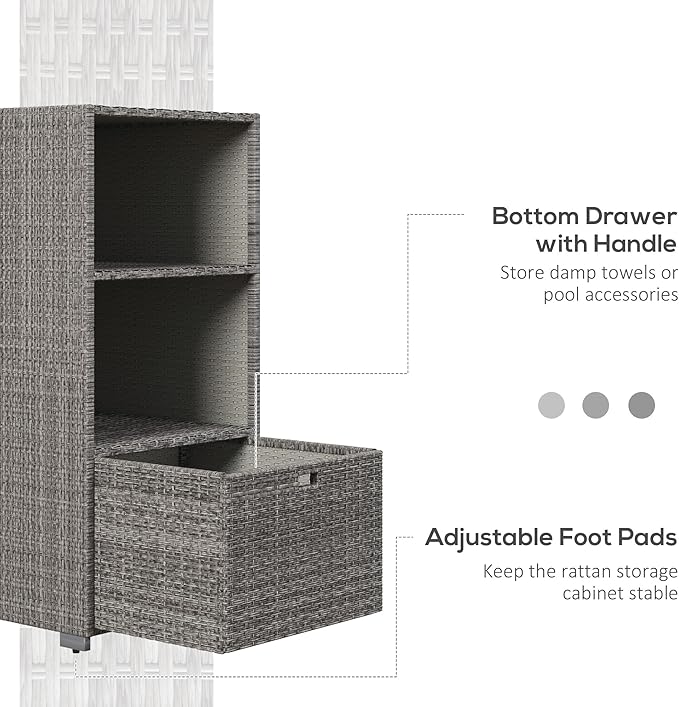 Outsunny Valet Pool Towel Rack, Waterproof PE Plastic Rattan Wicker Storage Organizer, Indoor Outdoor Spa, and Hot Tub Accessory Storage, 2 Shelves, 1 Basket Drawer, Mixed Gray