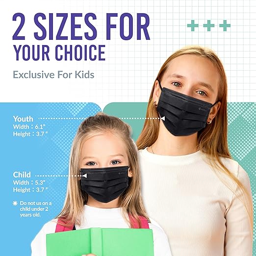Medtecs Kids Face Mask Disposable - 2 Sizes Option (Child/Youth) 50 PCs - Comfy 3-Ply Breathable Children Masks, The Better Choice - Youth | Black