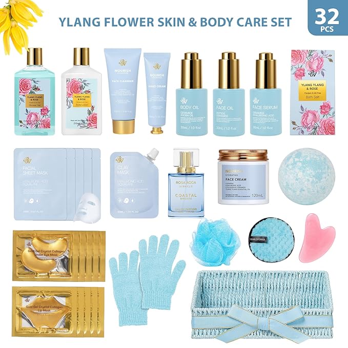 Mothers Day Gifts Basket for Mom, 32 Pcs Ylang & Rose Bath & Body Gift Basket for Women, Hydrating Face Skin Care Kit, Spa Gift Basket Set, Self-Care Relaxation Gift, Birthday, Anniversary