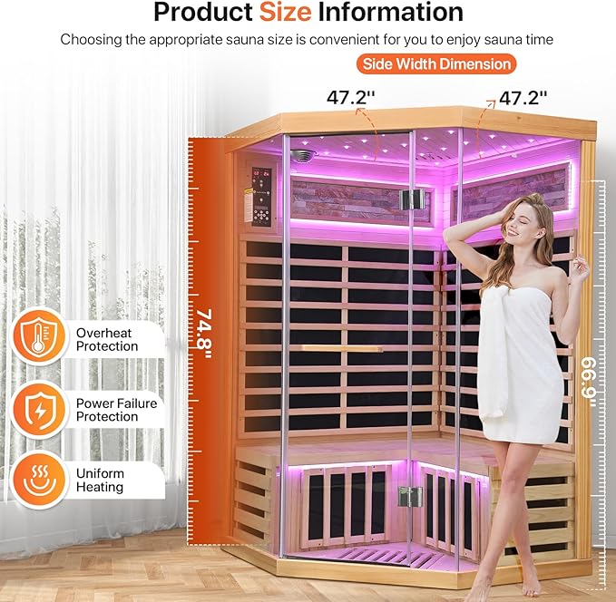 OUTEXER Sauna Corner Saunas for 2-3 Person 120V Home Indoor Canadian Hemlock Far Infrared Saunas 1935W Low-EMF Dry Saunas with 7 Color Starry Sky Ceiling Light Therapy 47.2 * 47.2 * 74.8inch