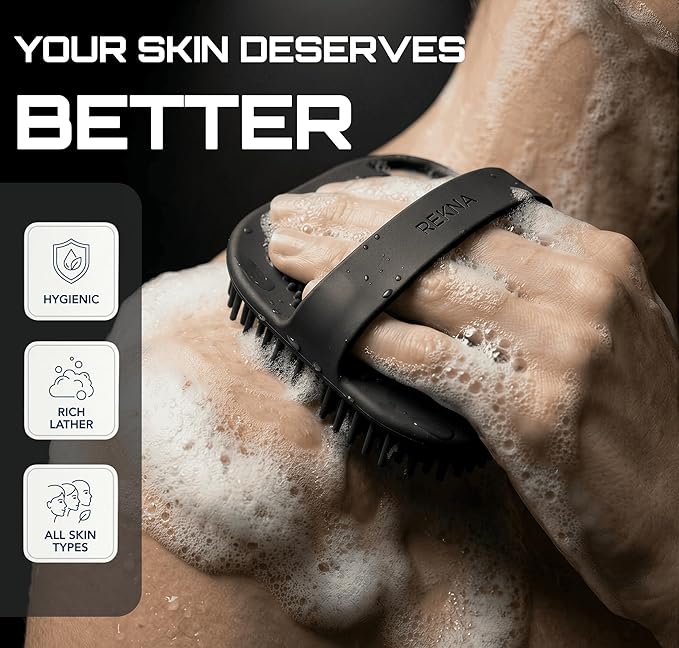 Silicone Body Scrubber for Shower - Exfoliating Body Brush with Non-Slip Grip - Durable Loofah Alternative - Soft Bristles for Gentle Cleansing, High Lather & Quick Drying, Black