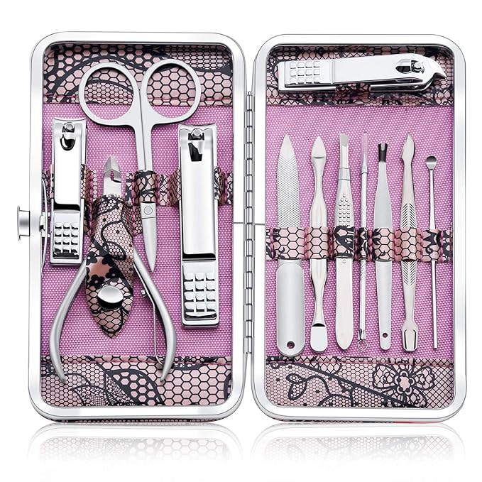Manicure Set Professional Nail Clippers Kit Pedicure Care Tools- Stainless Steel Grooming Kit 12Pcs for Travel or Home (Pink)
