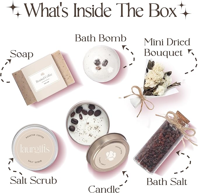 Mothers Day Spa Box for Women – Coffee Scented Candle Set with Bath Bomb & Salt Scrub, Handmade Birthday Present for Her