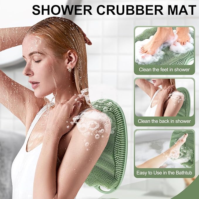 Bath Shower Foot Scrubber Mat - Silicone Shower Foot Scrubber Mat (XL) Cleaner Foot Toes Clean Pad Without Bending Non-Slip Suction Cups Bathroom mat 17.2 * 13 inch - Green