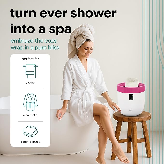 SereneLife Counter Towel Warmer Bucket - with Customized Fragrance for Spa and Bathroom, Luxury Heater, Auto Shut Off, Fits 1 Large Blanket, Bathrobe, PJs (Pink)