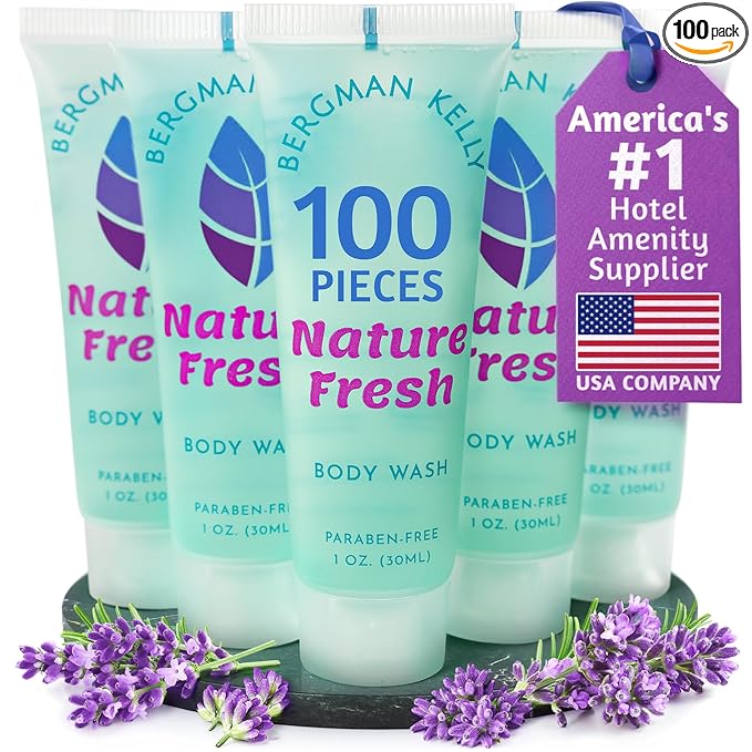 BERGMAN KELLY Travel Size Body Wash (1 fl oz, 100 PK, Nature Fresh), Delight Your Guests with a Refreshing & Soothing Hotel Body Wash, Quality Mini and Small Size Guest Hotel Toiletries in Bulk