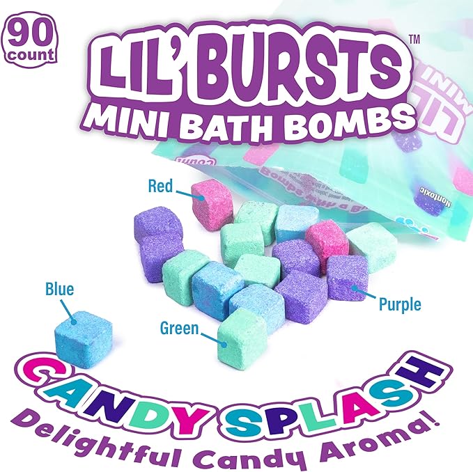 Tub Works® Lil' Bursts™ Mini Bath Bombs for Kids, 90 Count, Candy Splash | Nontoxic | Tiny Kids Bath Bombs with A Burst of Color, Foam & Bubbles | Customize Toddler Bath with Colors | Create Tub Art