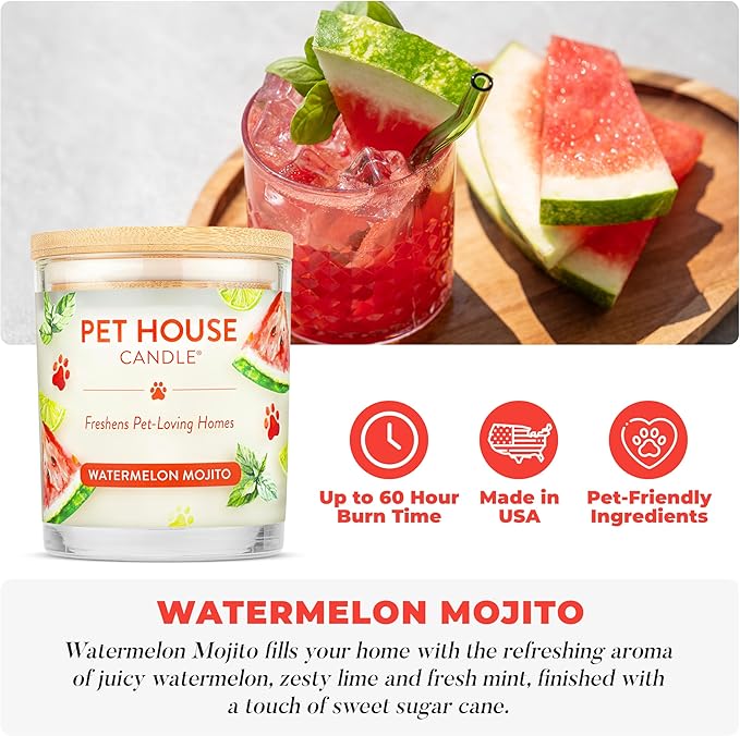 Pet House Candles, Soy-Based, Long Burning Scented Candles for Pet Homes, 60 Hour Burn Time - Watermelon Mojito, 9 oz, 2 Pack
