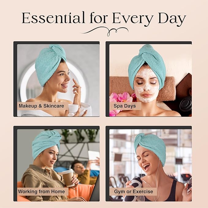 Lili&James 100% Cotton Hair Towel Wrap for Women/Kids | Quick Dry, Soft & Absorbent Hair Wrap Towels with Double Button | Anti Frizz, Non Microfiber Hair Turbans for Curly, Long & Thick Hair (Aqua)