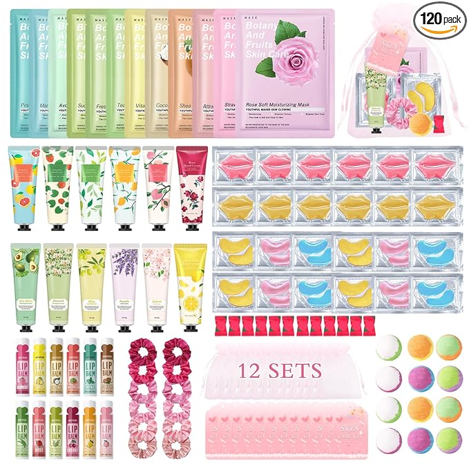 120 PCS Spa Party Supplies for Girls & Women,Spa Party Favors Include Face Masks Skincare,Hand Cream,Lip Balm,Eye Masks,Lip Mask,Foot Bath Bombs,Slumber Sleepover Party Supplies for Girls