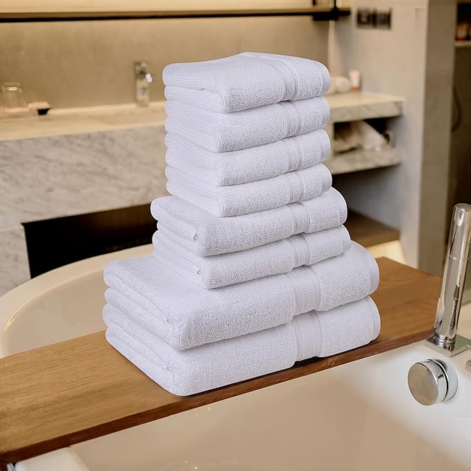 Towel and Linen Mart White Towel Sets, 2 Bath Towels 2 Hand Towels and 4 Washcloths 2 Ply Low Twist 600 GSM Ring Spun Highly Absorbent for Bathroom Hotel Shower Towel (8 Pack)