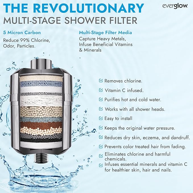 EVERGLOW High-Output Shower Filter, Reduces Chlorine, Dry Skin, Dandruff, Eczema, Heavy Metals and Vitamin C Infused for Dandruff and Softens Hard Water, 4.7”, Chrome
