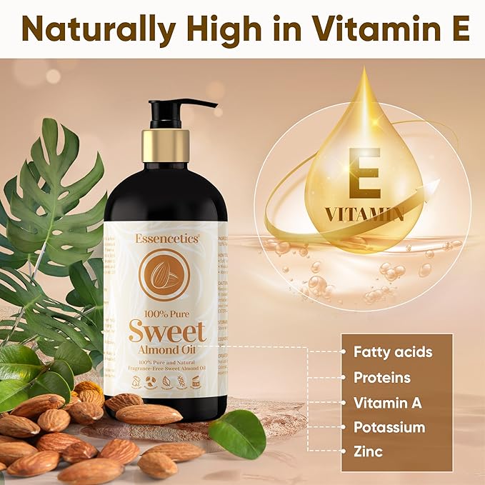 Sweet Almond Oil Organic 16 oz - 100% Pure & Natural Sweet Almond Oil for Skin, Body, Face, and Hair - Natural Cold Pressed Unrefined - Organic Massage Oil for Massage Therapy & Date Night