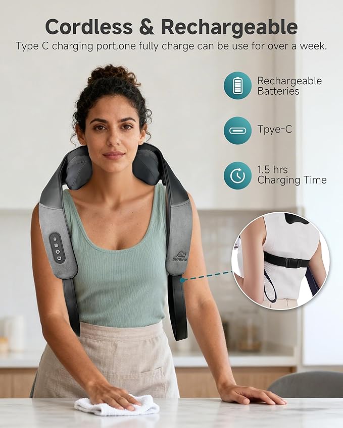 Snailax Cordless Neck Massager for Pain Relief Deep Tissue, Upgraded 4D Shiatsu Neck Shoulder Massager with Graphene Heating, Rechargeable Back Massager with Deeper Kneading Massage Heads for Home