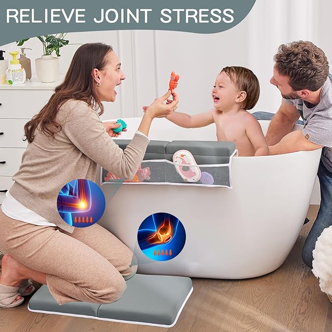 Baby Bath Kneeler and Elbow Rest Pad Set,Bath Kneeling Pad Thick Soft Quick Dry Bathtub Mat for Bathing Time,Baby Essentials Memory Foam with Toys Organizer Gifts for Parents,Dark Grey