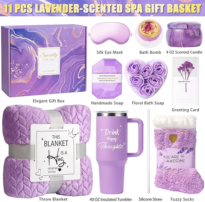 Aeenr Birthday Gifts for Women Self Care Gifts Get Well Soon Gifts, Mothers Day Spa Gift Baskets w/Flannel Blanket 40 OZ Tumbler Care Package for Mom Girlfriend Wife Sister Best Friend Her Daughter
