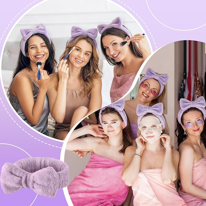 50 Pcs Spa Headband Bulk Spa Sleepover Party Supplies for Washing Face with Removable Bow Makeup Elastic Bowknot Headband for Women Gifts Skincare Microfiber Hairband (Purple Style)