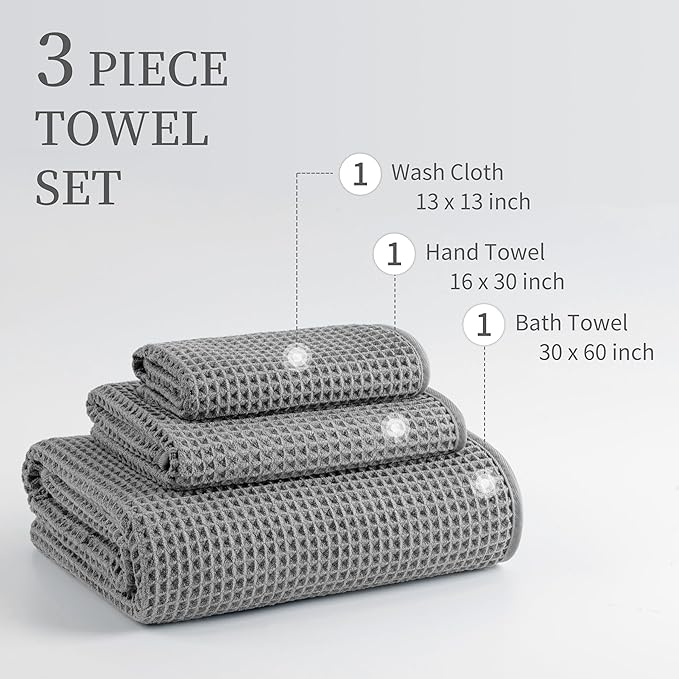 MICROFI Microfiber Waffle Bath Towels, 3 Pieces, Oversized, Soft, Absorbent, Fast Drying, Lint Free, Includes Bath, Face and Hand Towels 430 GSM