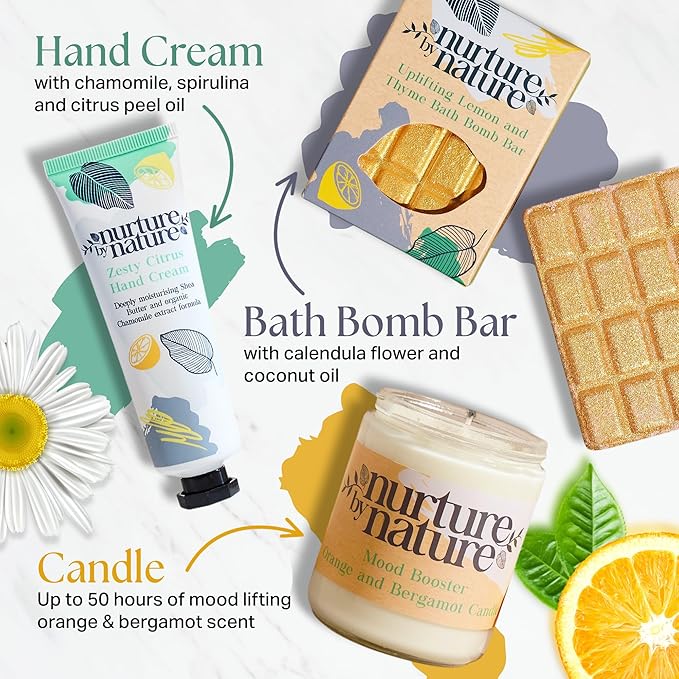 Nurture by Nature RELAX & UPLIFT Spa Kit for Women – Birthday Gifts for Women – 6 Piece Gift Basket with Hand Soap, Body Scrub, Hand Cream & More - Vegan Self Care Kit - Relaxation Gifts for Her