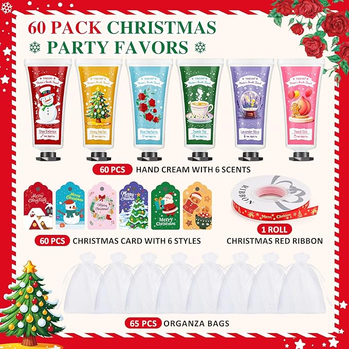 VISCOO 60 Sets Christmas Hand Cream Gift Set for Women, Hand Lotion In Bulk for Dry Cracked Hands Travel Size, Christmas Gifts with Cards and Organza Gift Bags, Stocking Stuffers for Women Teen Girls