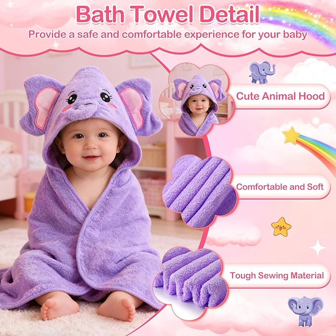 OFUSUY 12 PCS Baby Towels, 4 PCS Soft Hooded Baby Towels & 8 PCS Washcloths, Baby Bath Towels for Newborns, Infants & Toddlers- Coral Fleece, Soft & Ultra Absorbent, Cute Towel Gift for Girls & Boys
