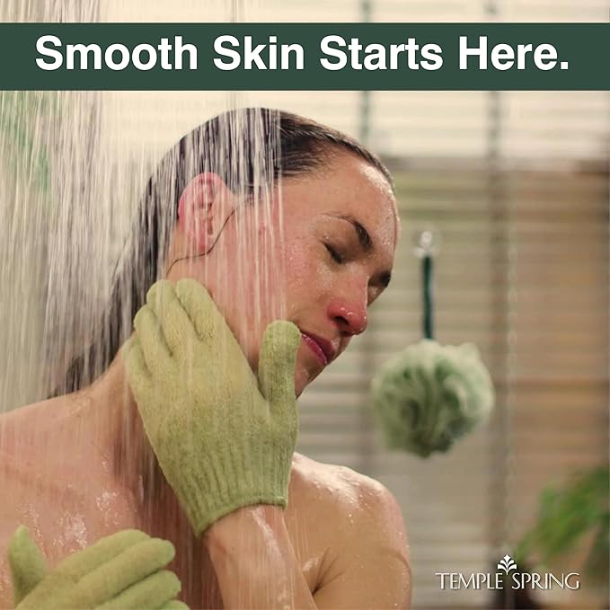 Temple Spring Shower Gloves Exfoliating for Women – Natural Textured Rayon Bamboo Exfoliating Glove with Thicker Weave for Deep Cleansing, Dead Skin Removal & Smooth Radiant Skin (1 Pair, Sage Green)