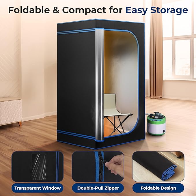 SereneLife Portable Sauna Box for Home, Steam Tent with Extra Large 4L Steamer - Includes Folding Chair, Remote Control w/ 9 Heat Levels for in-Home Spa - 2.9' x 2.9' x 5.9'