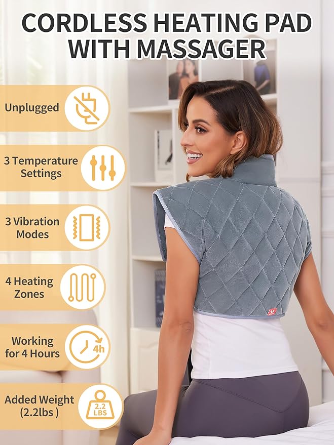 Vofuoti Heating Pad for Neck and Shoulders, Portable Cordless Heating Pad with Massager and Battery, Weighted Electric Heated Neck Shoulder Wrap, 16'' x 22'', 2.2lbs-Gray