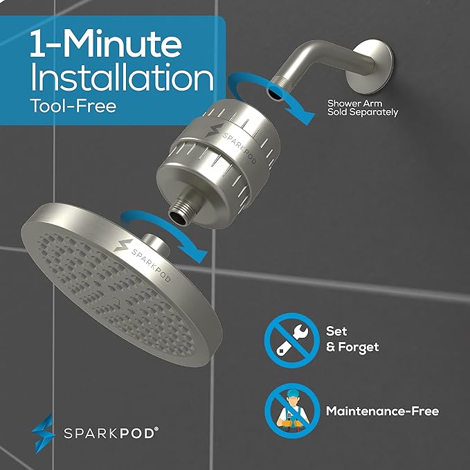 SparkPod Luxury Filtered Shower Head Set 23 Stage Shower Filter - Reduces Chlorine and Heavy Metals - High Pressure Showerhead Filter (6" Round, Elegant Brushed Nickel)