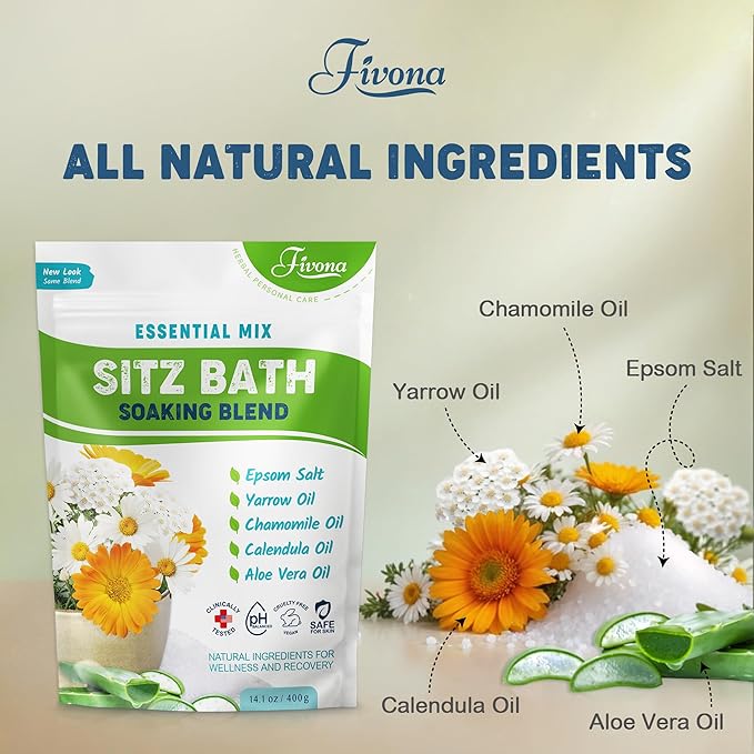 Fivona All Natural Sitz Bath Soaking Blend - Epsom Salt with Pure Essentials Oils - for Hemorrhoid, Fissure, Postpartum Care, Bartholin Cyst Treatment - Essential Mix - 2 Pack (14.1 oz Each)