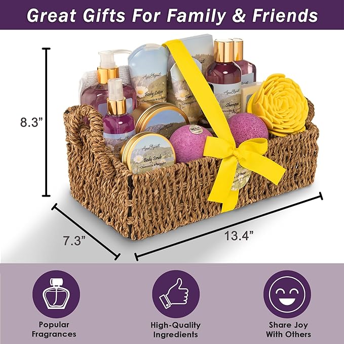Aqua Elegante Bath Spa Gift Set - 15 Piece Premium Basket with Wash, Bubble Bath, Lotion, Salts, Body Scrub, Towel, Shower Puff, Bathbombs, Reusable Basket, Gifts for Women - Lavender & Chamomile