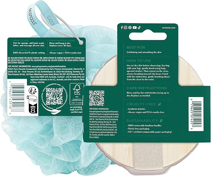 EcoTools Dry Body Brush for Circulation, Dead Skin Removal + Blue Delicate EcoPouf Made with Recycled Netting for Cleansing & Exfoliating Sensitive Skin, Self-Care Gifts