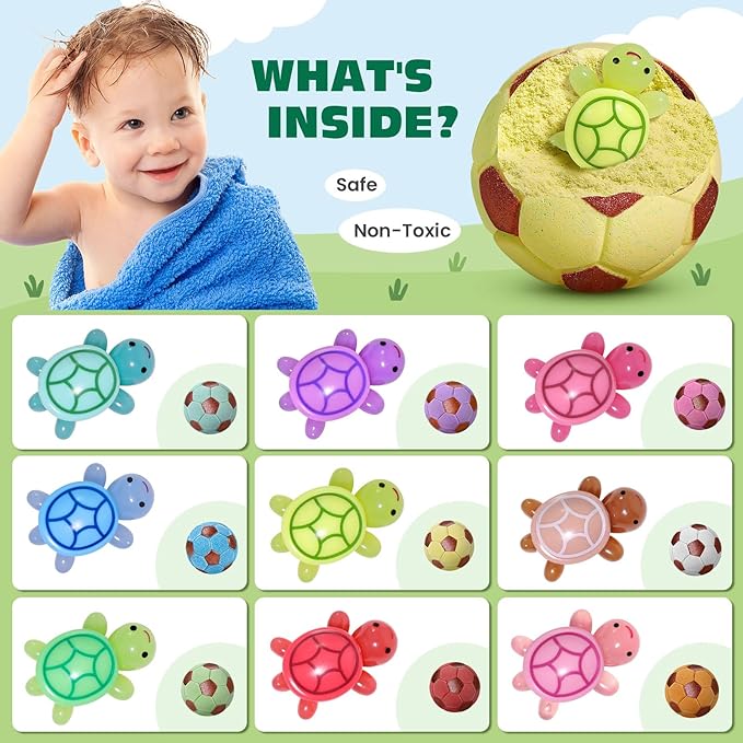 Qivatex Bath Bombs with Surprise Toys Inside, Soccer Gifts for Kids Boys Girls, 9 Kids Bath Bombs Gift Set, Handmade Nature Bubble Bath Fizzes Bomb, Birthday Gifts for Kid