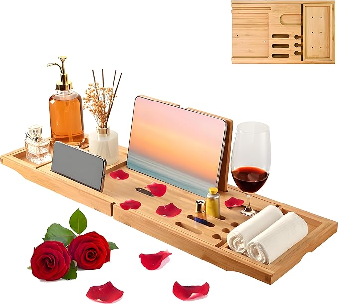 Bathtub Tray - Luxury Bamboo Bathtub Tray for Bath Accessories, Expandable Bath Caddy with Wine Glass Holder, for Her, Anniversary, Spa and Relaxation