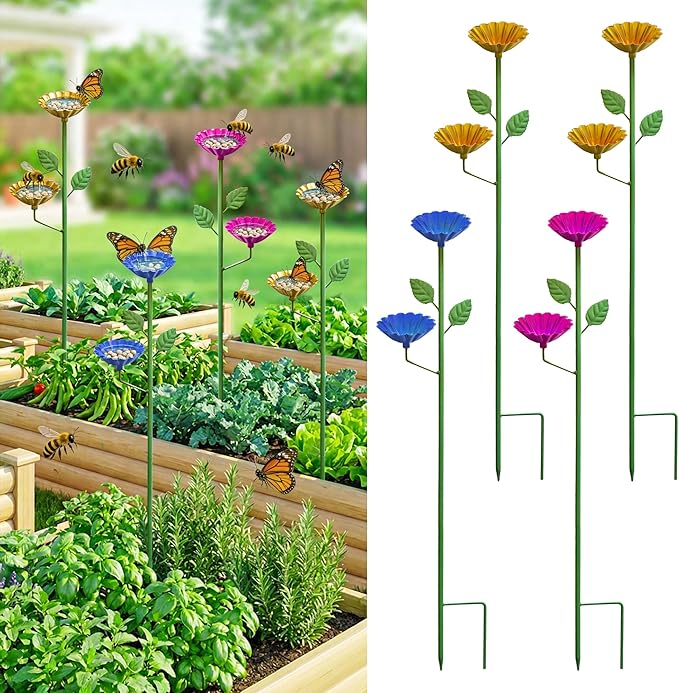 Bee Watering Station for Garden 4 Pack, Metal Double-Flower Bee Bath Garden Stakes, Colorful Bee Cups Pollinator Feeder Outdoor Decor for Bees Butterflies, Yard Garden Decorations