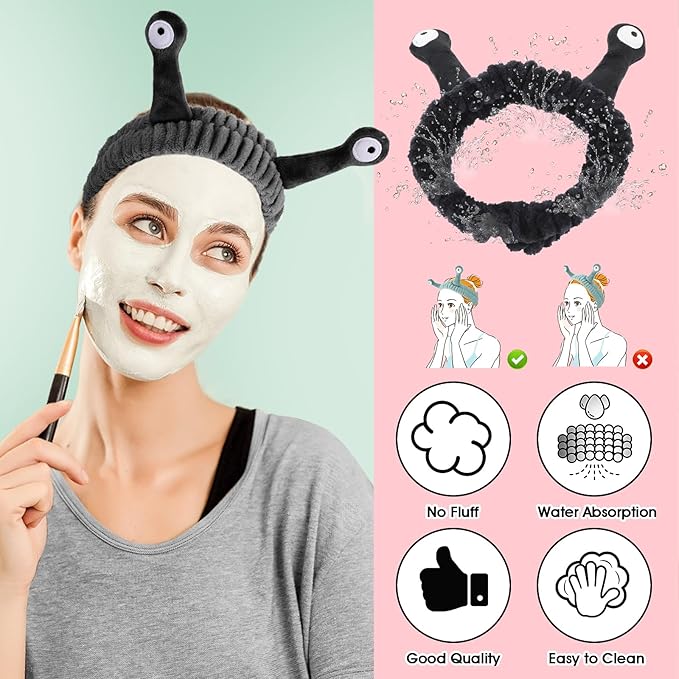 WLLHYF Spa Headband Facial Makeup Head Band Microfiber Soft Coral Fleece Head Wraps Snail Cartoon Cute Hair Accessories Elastic Skincare Hair Band for Women Girls Washing Face Beauty (Black)
