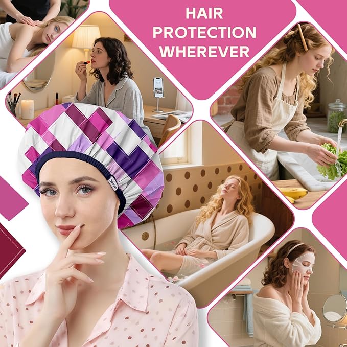 Years calm Waterproof Shower Cap for Women - Double-Layer Reusable Bath Cap with Elastic Band for Long/Short/Curly/Braids Hair, Washable & Travel-Friendly, Fit for Shower, Spa (Geometric Shower Cap)