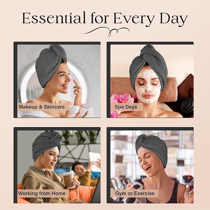 Lili&James Cotton Hair Towel Wrap for Women/Kids | Quick Dry, Soft & Absorbent 420 GSM Hair Wrap Towels with Double Button | Anti Frizz, Non Microfiber Hair Turbans for Curly, Long Hair (Grey)