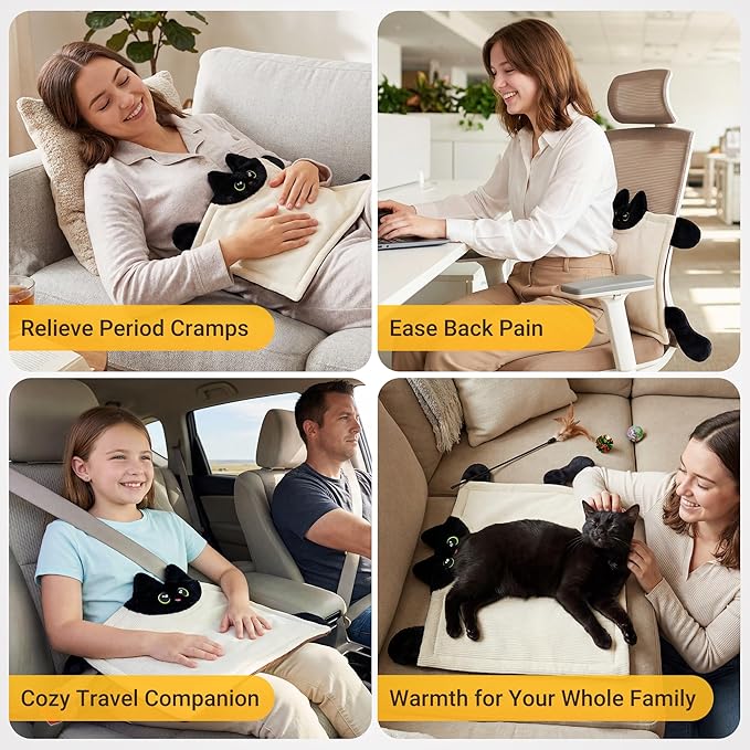 Cute Cat Shape Heating Pad for Period Cramps & Menstrual Pain Relief, 5V 2A USB Fast Heating with 4 Heat Settings & Auto-Off, Portable Electric Corduroy & Plush Warmer for Women & Teen Girls