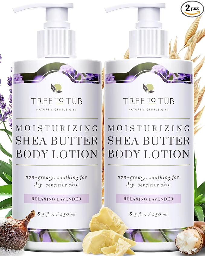 Tree To Tub Lavender Shea Butter Body Lotion for Dry Skin - Moisturizing Sensitive Skin Lotion for Women & Men, Vegan Body Moisturizer w/Organic Aloe Vera, Cocoa Butter, All Natural Colloidal Oatmeal