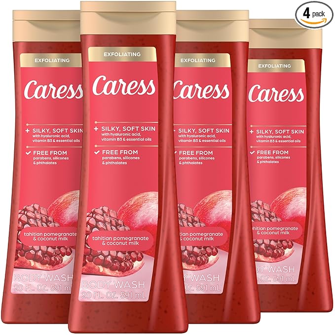 Caress Tahitian Pomegranate & Coconut Milk Exfoliating Scrub Body Wash with Hyaluronic Acid & Vitamin B3 for Moisturized, Silky Soft Skin, Long-Lasting Fragrance, 20 fl oz (4 Pack)