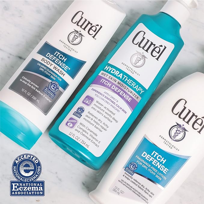 Curel Itch Defense Calming Daily Cleanser, Body Wash, Soap-free Formula, for Dry, Itchy Skin, with Hydrating Jojoba and Olive Oil, 10 Oz, Pack of 3