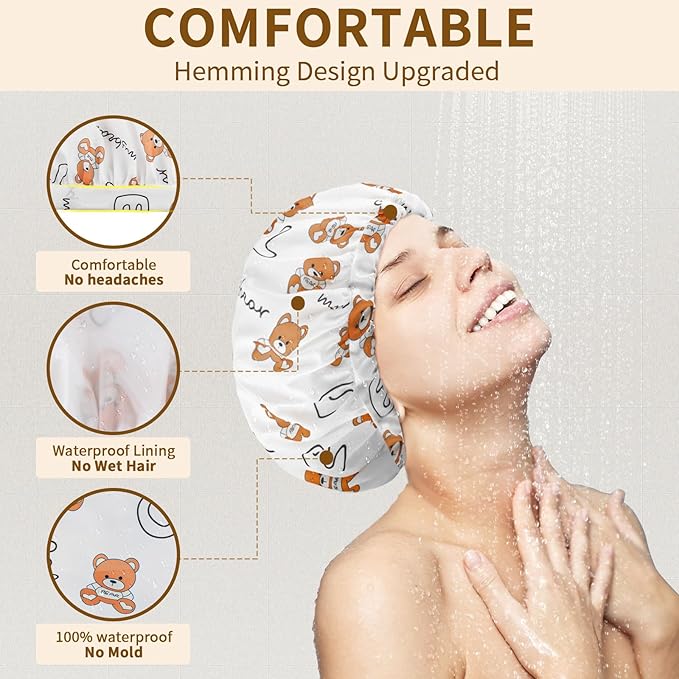 3 PCS Shower Caps for Women, Upgrade Comfortable & Extra Large & Double Layers Waterproof Bath Cap, Oversized Designed Adjustable Hem Hair Cap for All Hair Lengths/Style