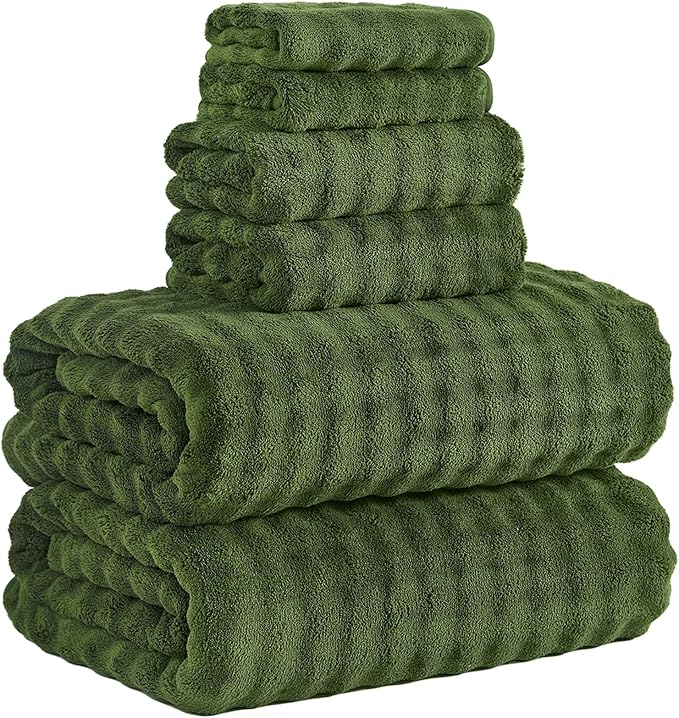 KBY Bath Towels Set 6 Piece 40x80 Inches，2 Extra Large Bath Sheets 2 Hand Towels 2 Washcloths，Highly Absorbent Quick Dry Microfiber,Ultra Soft Towel Set for Bathroom，Spa，Gym， Hotel (Olive Green)
