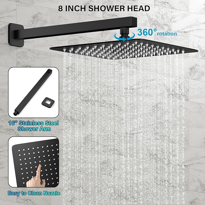 FPXRNG Black Shower Faucet Set, Rainfall Shower System with Square Shower Head and Handle Set, Wall Mounted Shower Fixtures, Full Metal Trim Repair Kit 8 inch Matte Black (With Shower Valve)