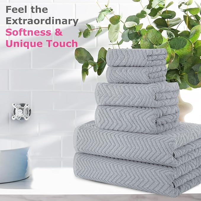 CASA COPENHAGEN Wave Textured 6 Piece Towel Set- Grey Violet, 550 GSM 2 Bath Towel 2 Hand Towel 2 Washcloth, Rough & Tough Use Cotton Towels Gift Set for Bathroom