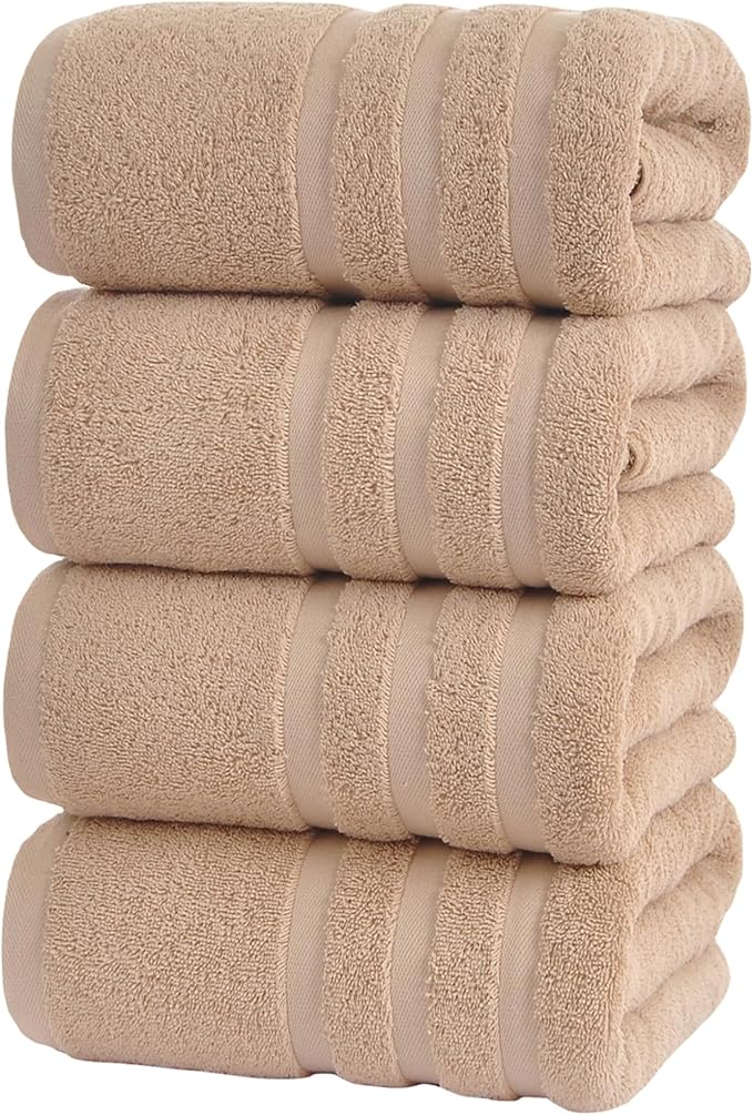 Bath Towels 4 Pack, 30 x 60 Inches, Large 100% Cotton Towels, Soft, Absorbent, Comfortable for Home, Spa, and Gym, (Beige)