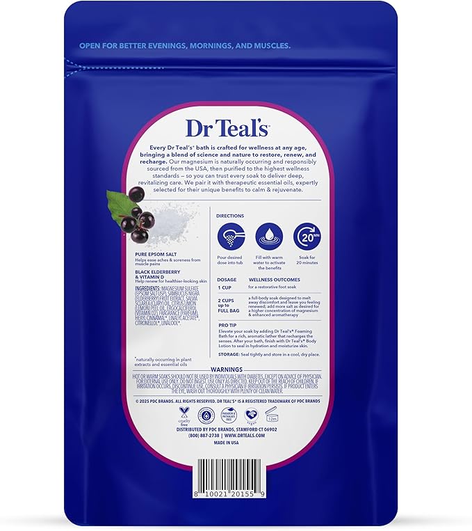 Dr Teal's Epsom Salt Magnesium Soak, Black Elderberry with Vitamin D, 3 lbs